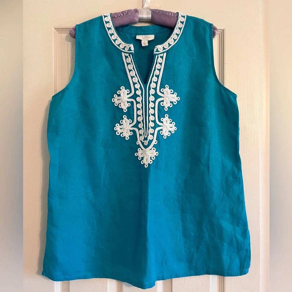 Charter Club Luxury Linen Embroidered Teal Sleeveless Top Women Size Large - Picture 1 of 8